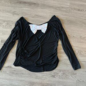 Shein Black Long Sleeve Backless Bow Embellished Shirt - Large